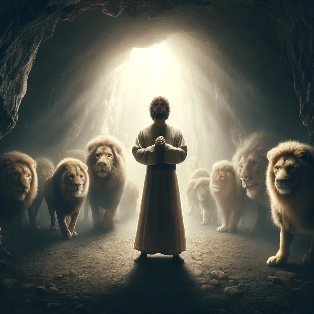 Daniel surrounded by lions