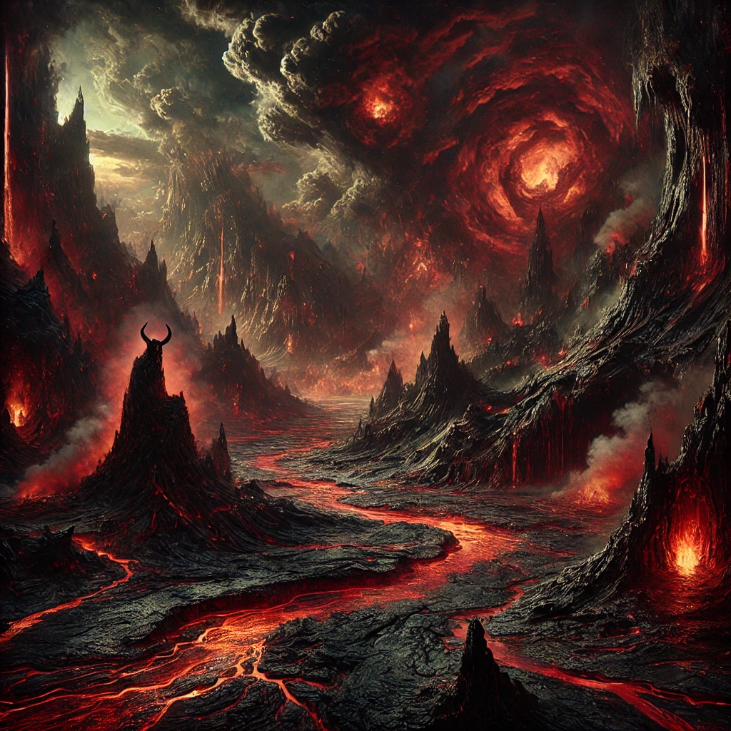 A surreal, intense landscape resembling a depiction of Hell, featuring dark, jagged mountains and cliffs with rivers of flowing lava.