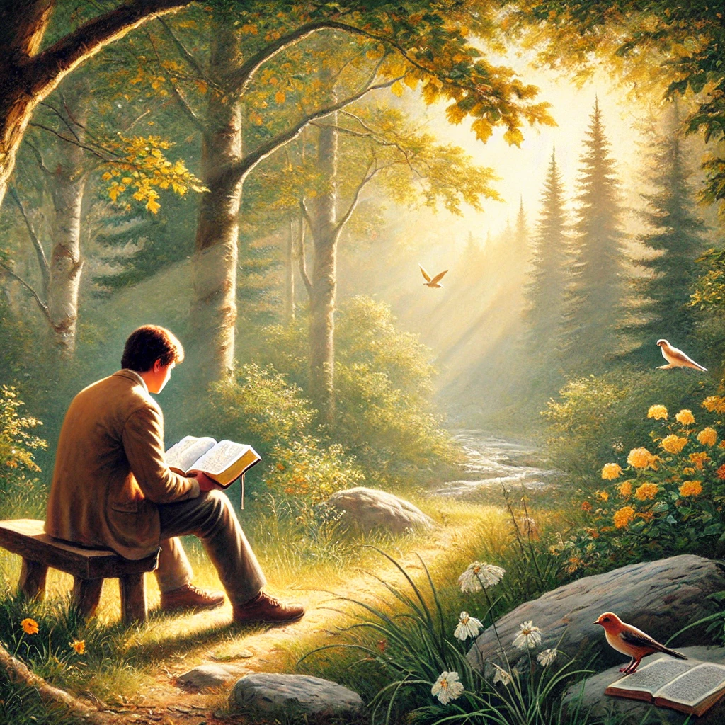 A person sitting quietly in nature with an open Bible, listening in stillness. Hearing God’s Voice – Calling on God Bible Verses