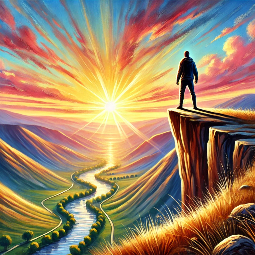 A person standing at the edge of a cliff, facing a sunrise, symbolizing courage to move forward. Overcoming Fear – Answering God’s Call Bible Verses