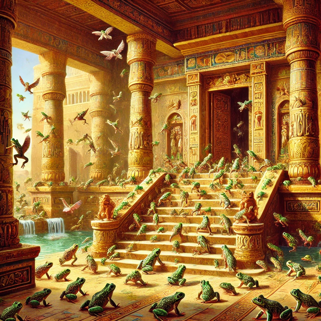 Oil painting-style image of the second biblical plague, showing frogs swarming over an ancient Egyptian palace. Frogs cover stone steps, windows, and golden floors, invading the lavish interior and courtyard. the 2nd plague of the 10 plagues of Egypt