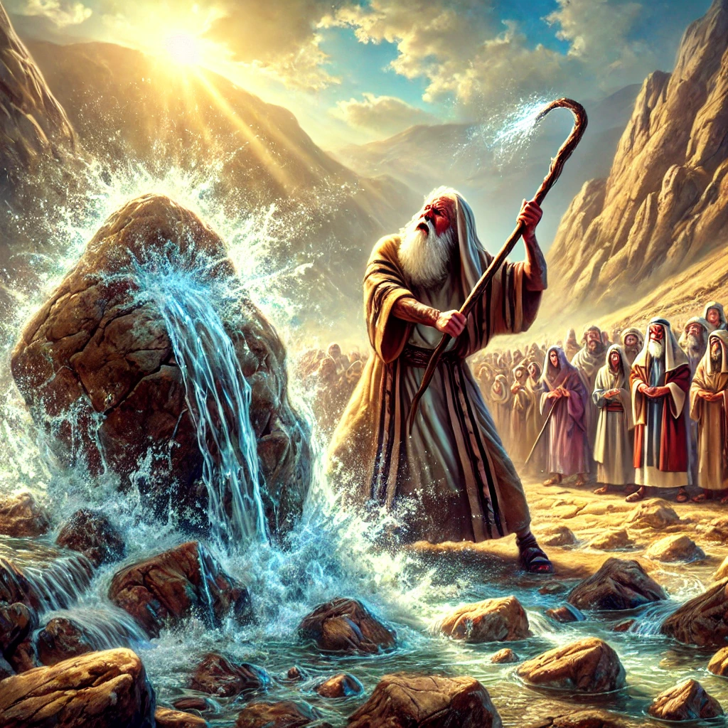 Moses hitting a rock with his staff 