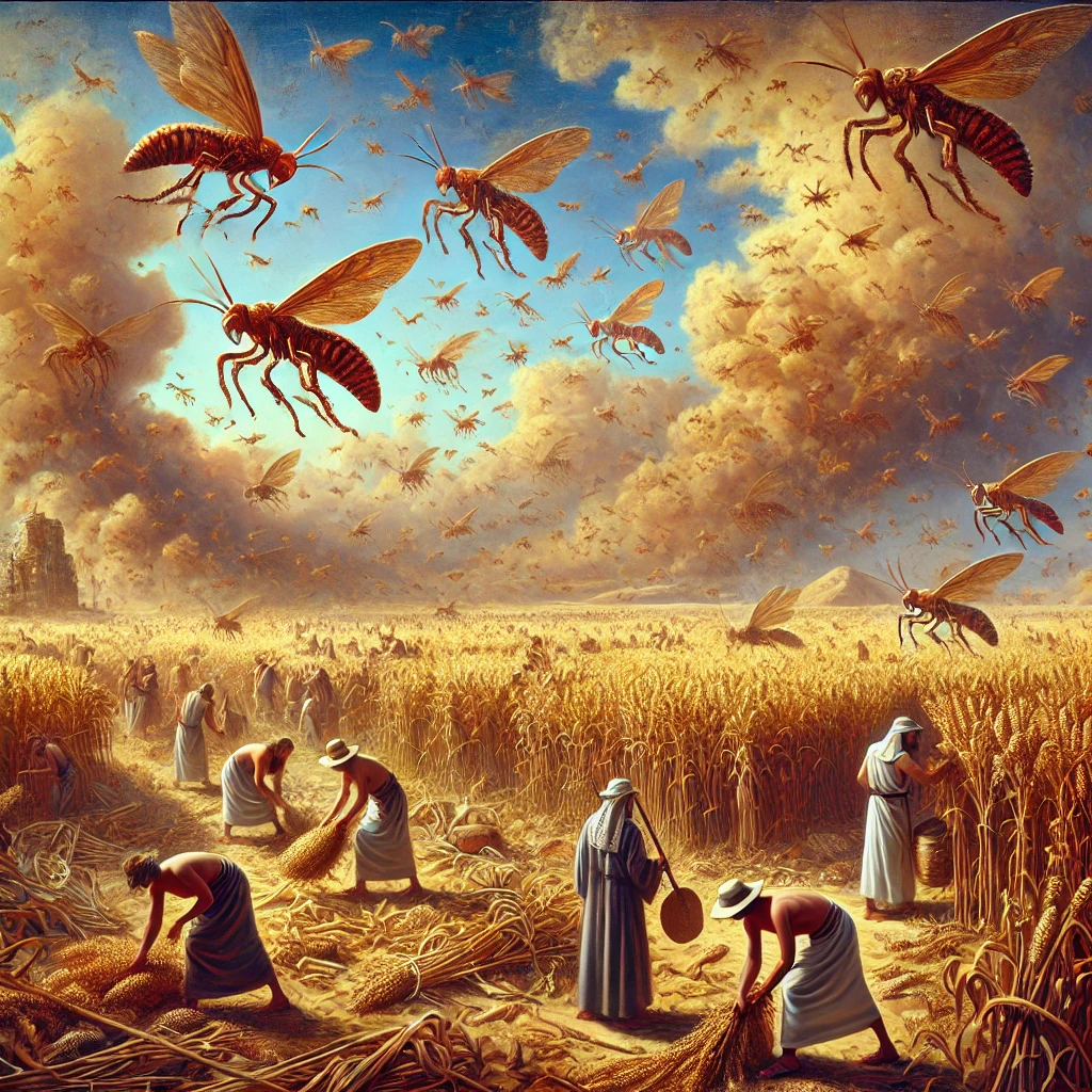 Oil painting-style image of the eighth biblical plague, showing massive swarms of locusts devouring crops in ancient Egypt. Clouds of insects fill the sky, while farmers struggle to protect their fields as plants are stripped bare.