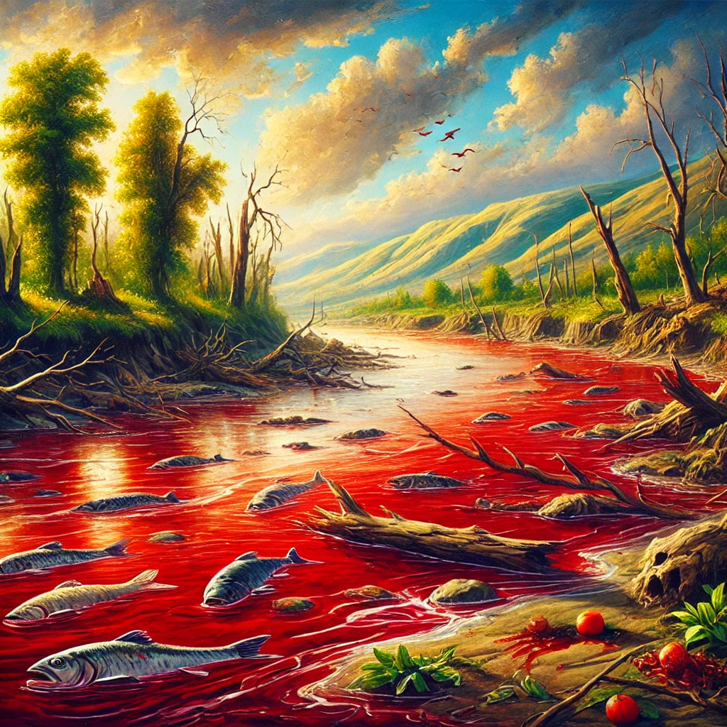 Oil painting-style image of the first biblical plague, showing a river flowing red as water turns to blood. Lifeless fish float on the surface, with distressed wildlife and barren riverbanks under a dramatic sky. This was the 1st plague of the 10 plagues of Egypt