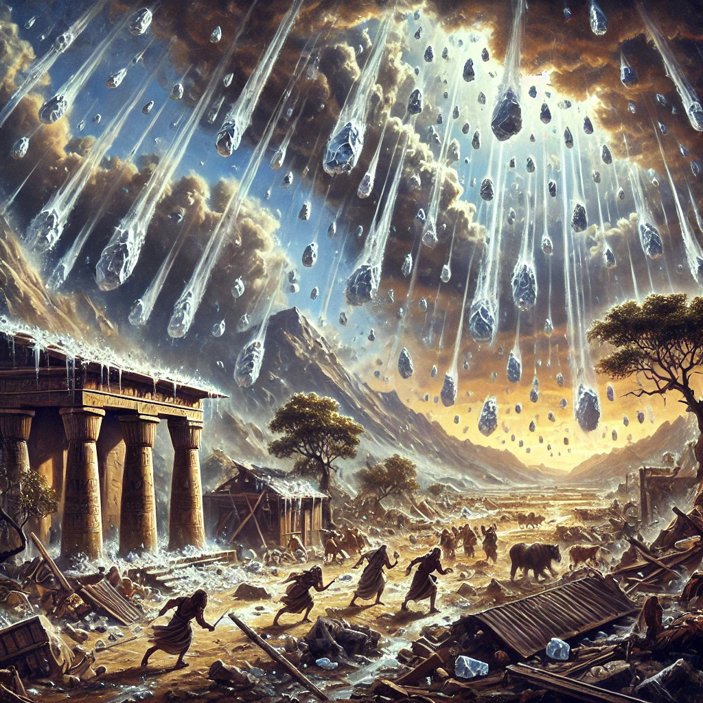 Oil painting-style image of the seventh biblical plague, showing massive hailstones falling from dark storm clouds over ancient Egypt. Ice stones shatter rooftops, break trees, and scatter people and animals seeking cover amid the chaos.
