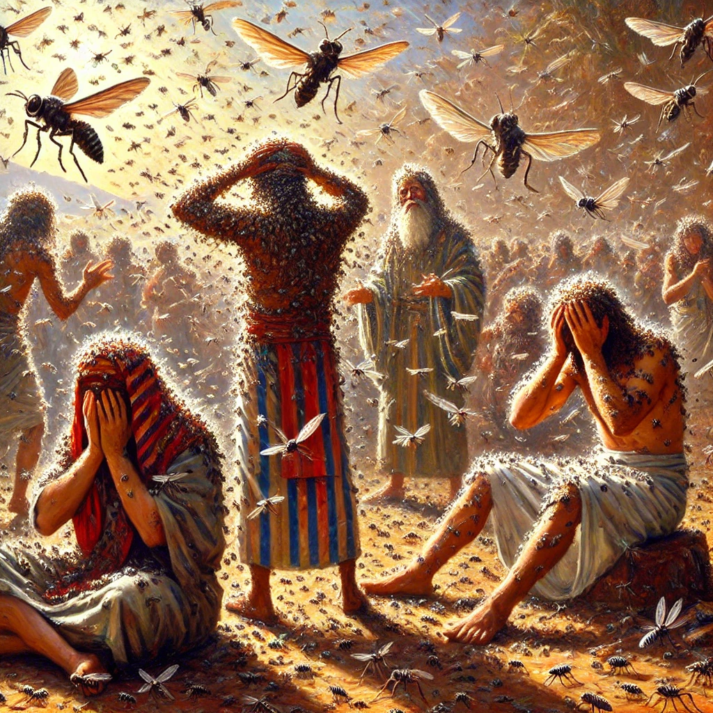 Oil painting-style image of the third biblical plague, showing distressed people in ancient Egyptian attire swatting away swarms of gnats or lice covering their skin and hair, under a dusty, sunlit sky. the 3rd plague of the 10 plagues of Egypt