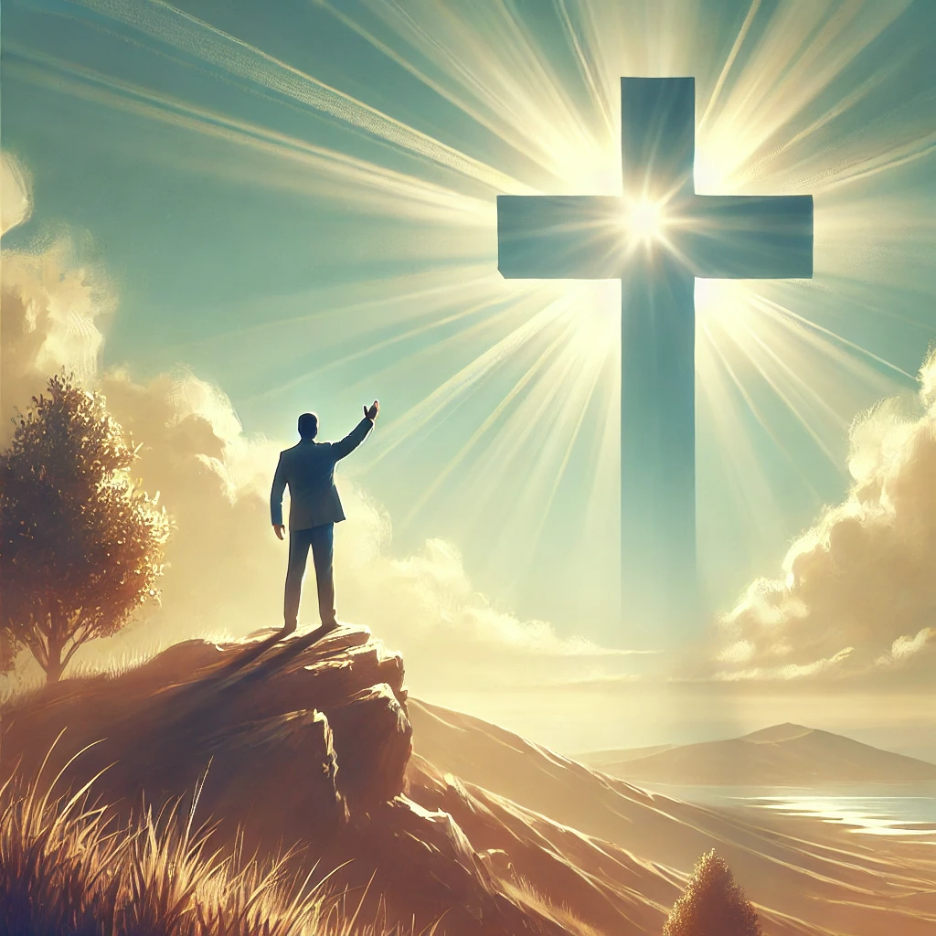 Christian leader standing on a hilltop with arms raised, cross in the background, symbolizing guidance, hope, and spiritual leadership