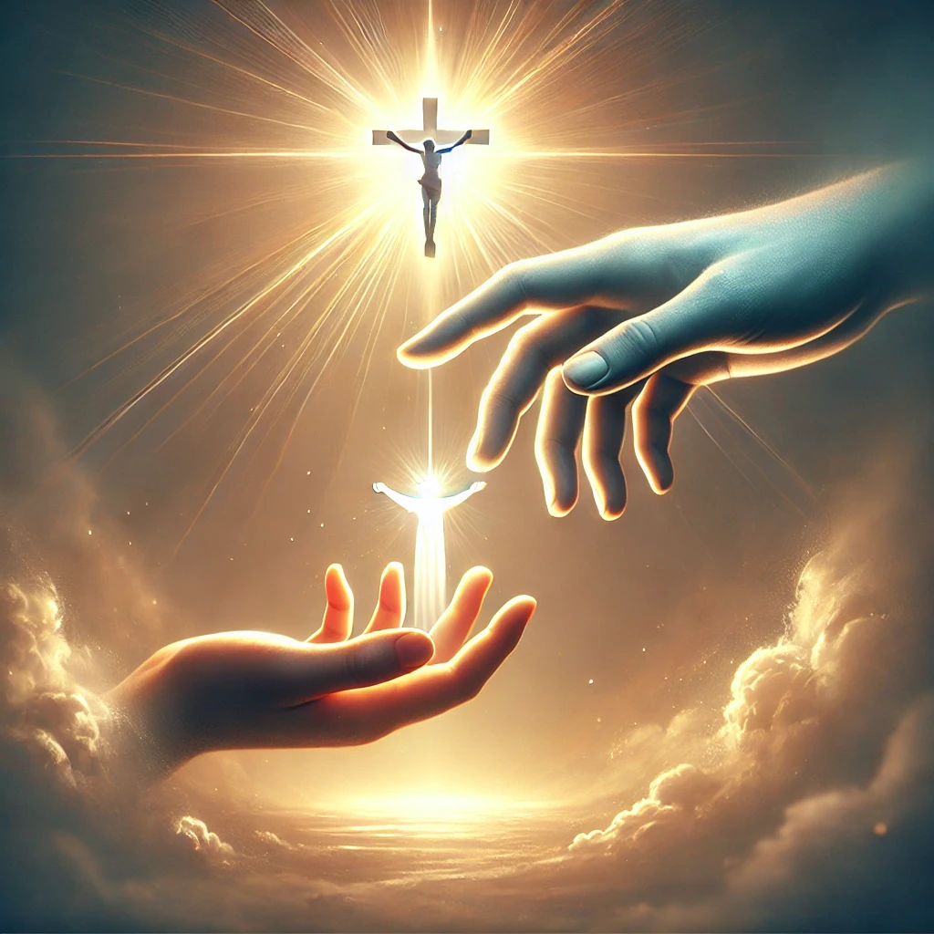 Symbolic image of God's hands offering forgiveness, with a glowing light and a cross in the background representing divine mercy and grace