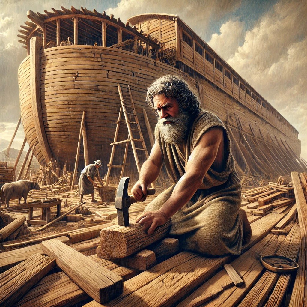 Noah constructing the ark.
