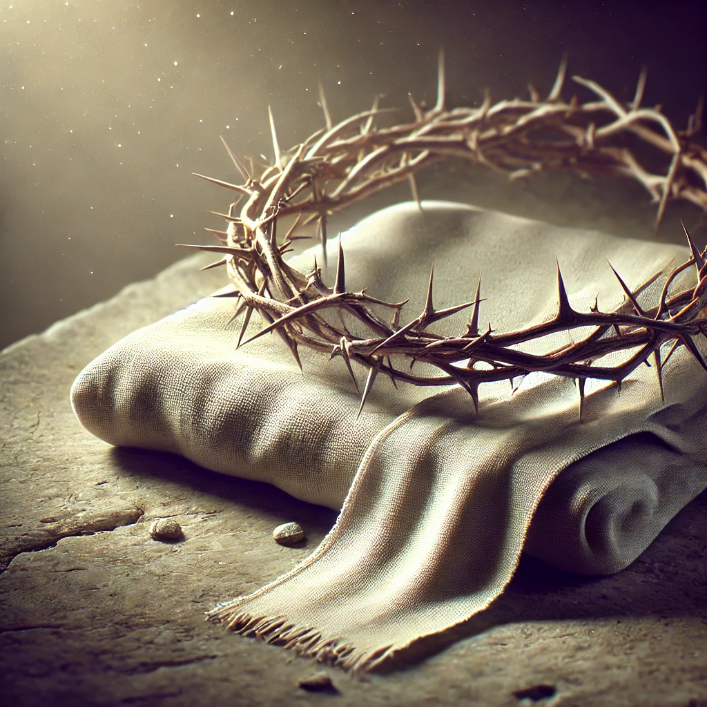 a crown of thorns and a folded napkin on a stone surface, symbolizing Jesus’ sacrifice and the promise of His return