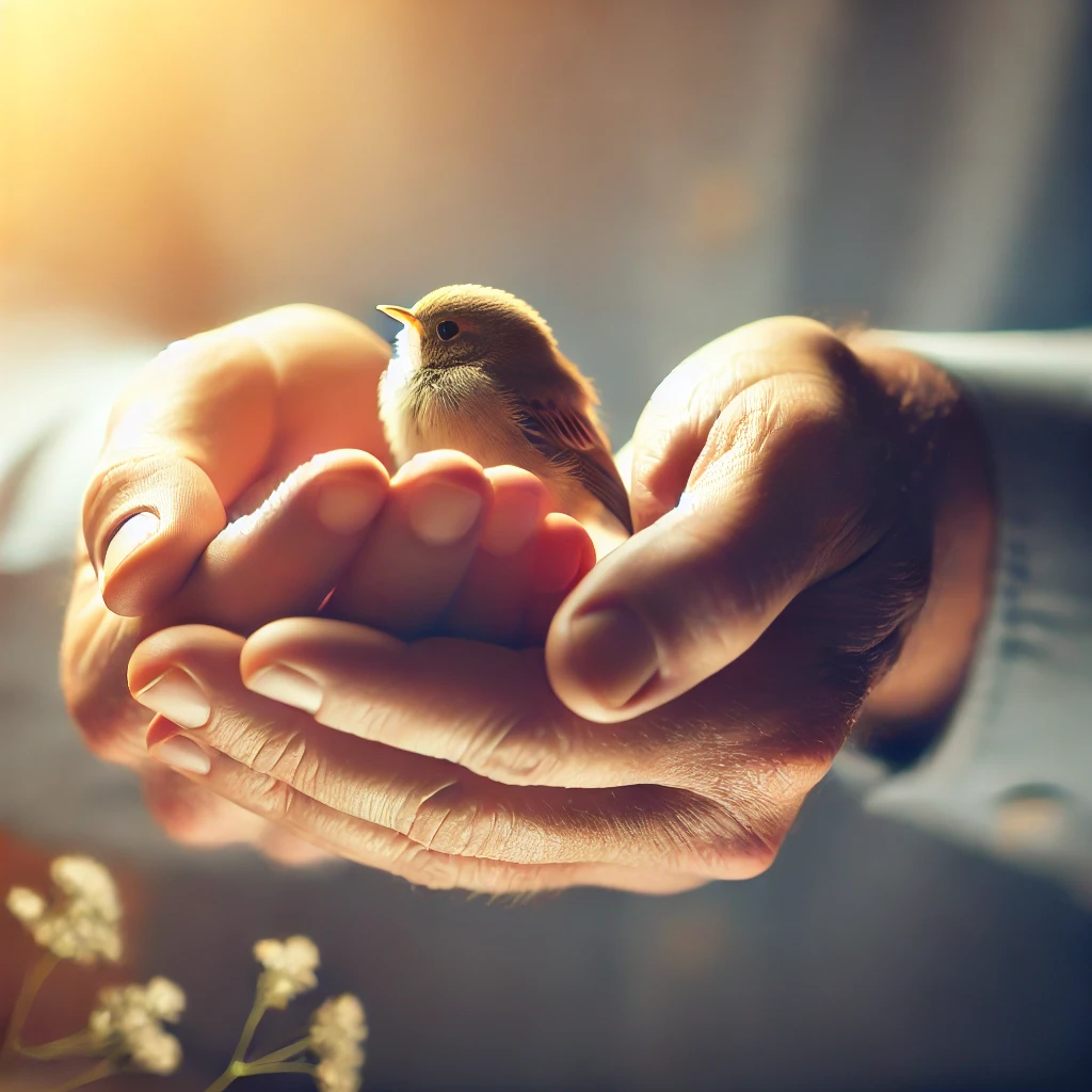 Hands gently cupping a small bird symbolizing God’s care and provision, conveying a message of compassion, love, and protection for His creation. Look into nature to help with anxiety