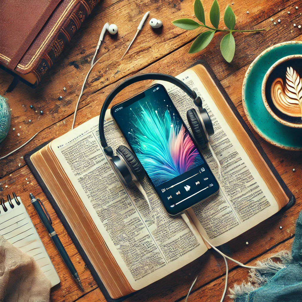 mage of a smartphone with headphones next to an open Bible and a cup of coffee on a wooden surface, symbolizing the experience of listening to Christian podcasts for faith and inspiration