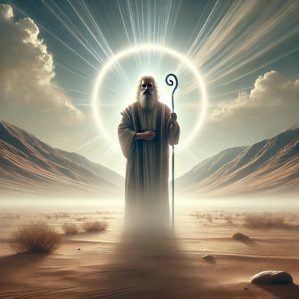 Moses standing in a vast desert holding a staff, surrounded by a soft glow of light, with distant mountains under a clear sky, symbolizing divine guidance and leadership in the wilderness.
