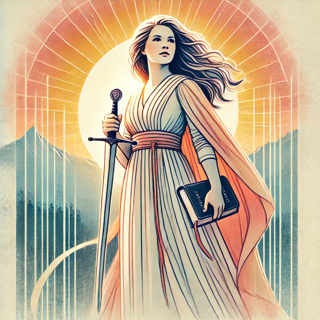 Illustration of a strong woman holding a sword in one hand and an open Bible in the other, standing against a background of mountains and a sunrise, symbolizing strength, faith, resilience, and hope inspired by the Proverbs 31 woman.