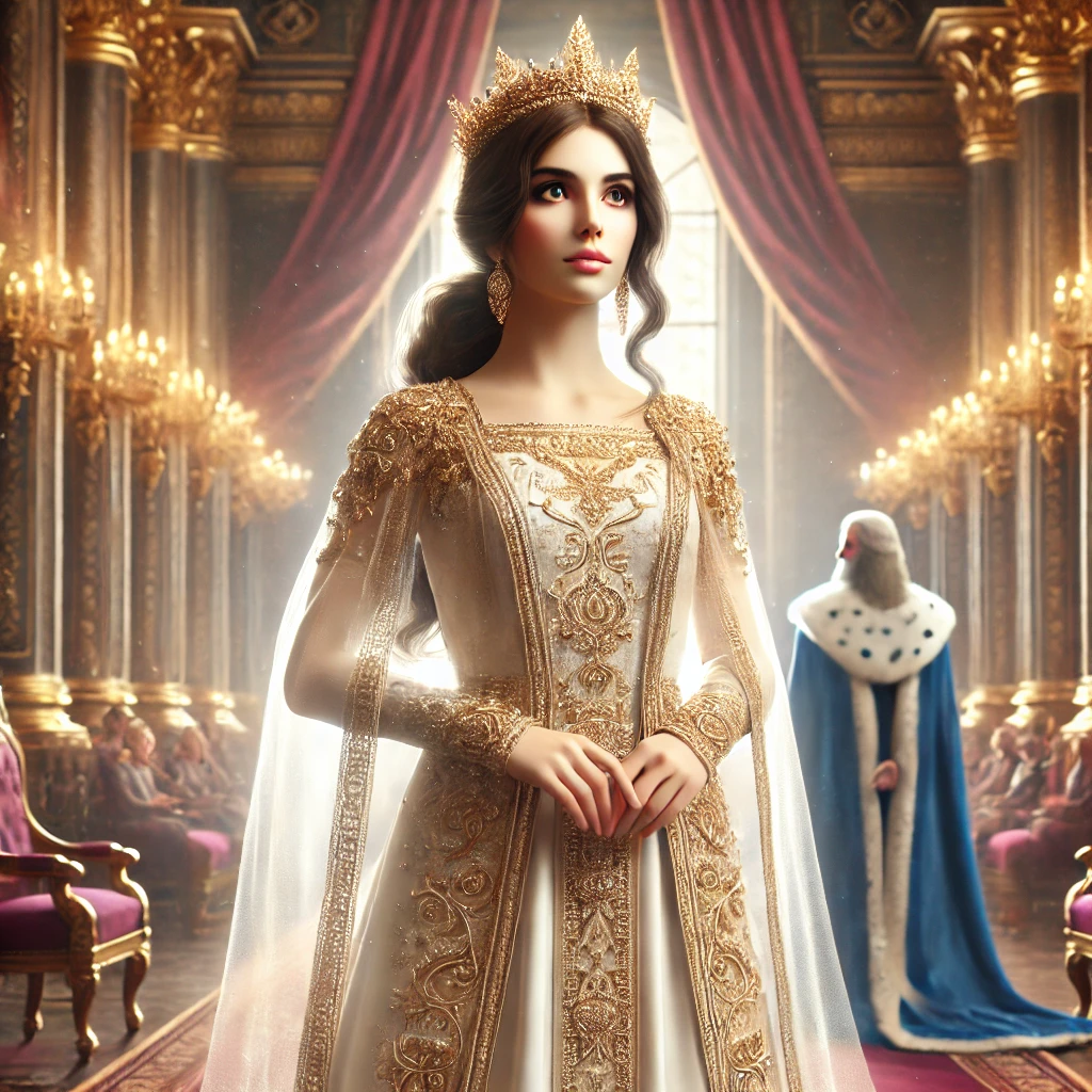A depiction of Queen Esther standing confidently in a royal court setting, wearing regal garments, with a soft glow around her symbolizing divine purpose and courage. The king’s throne can be seen in the background, suggesting her bold approach to request help for her people.