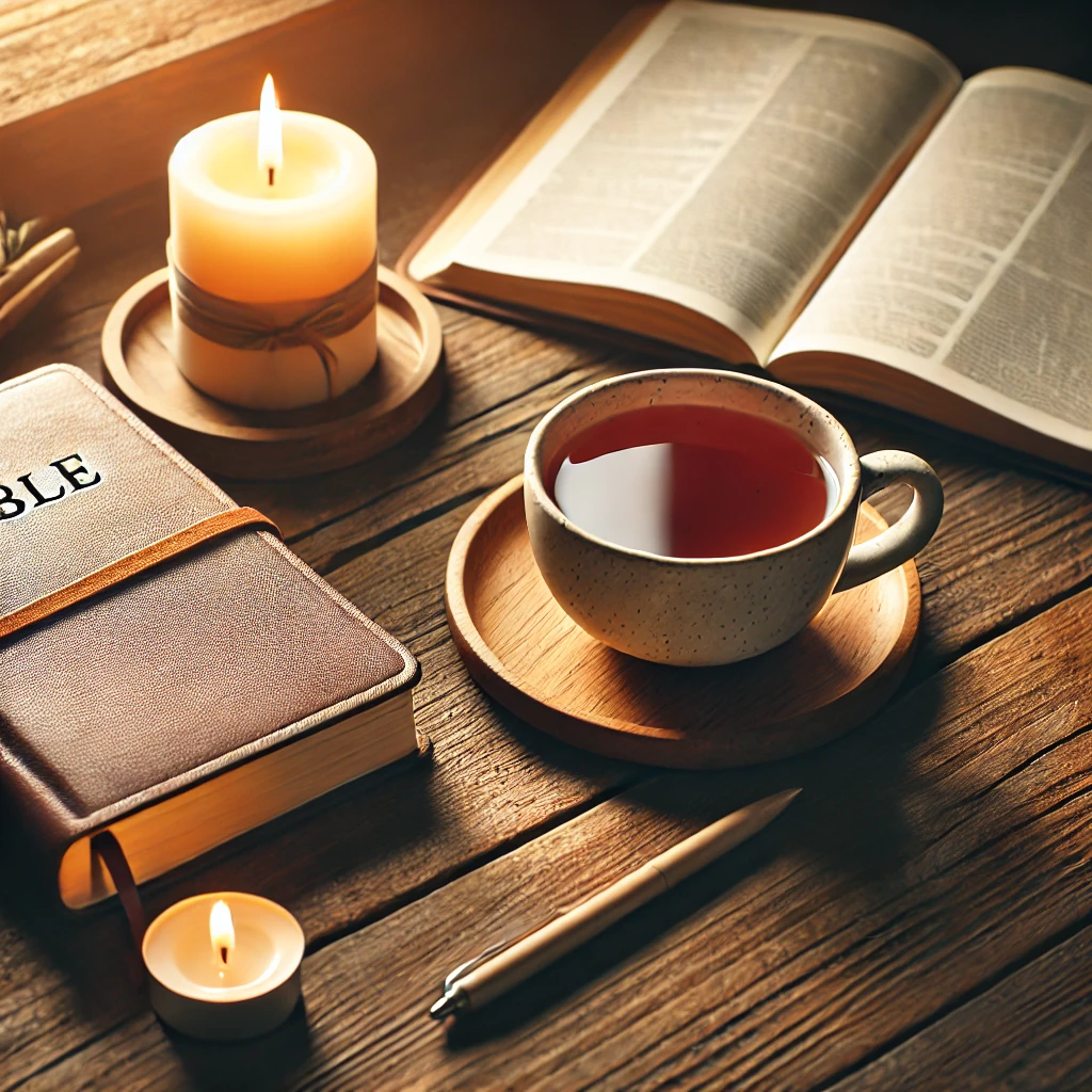 a Bible, a journal, a cup of tea, and a lit candle on a wooden table, creating a warm and inviting atmosphere for Sabbath rest and spiritual reflection