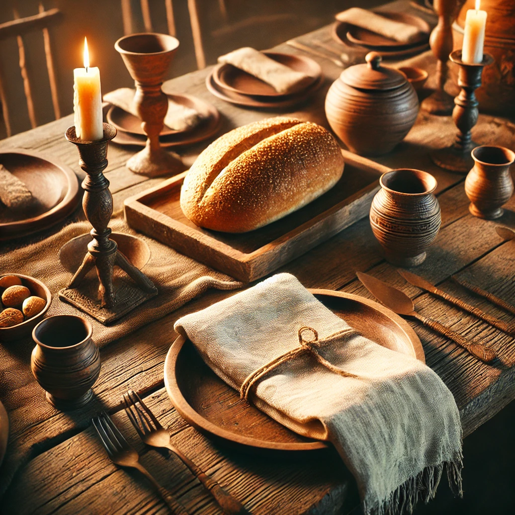 A realistic ancient Jewish dining table with clay plates, wooden cups, unleavened bread, and a folded linen napkin placed separately, symbolizing a cultural tradition.