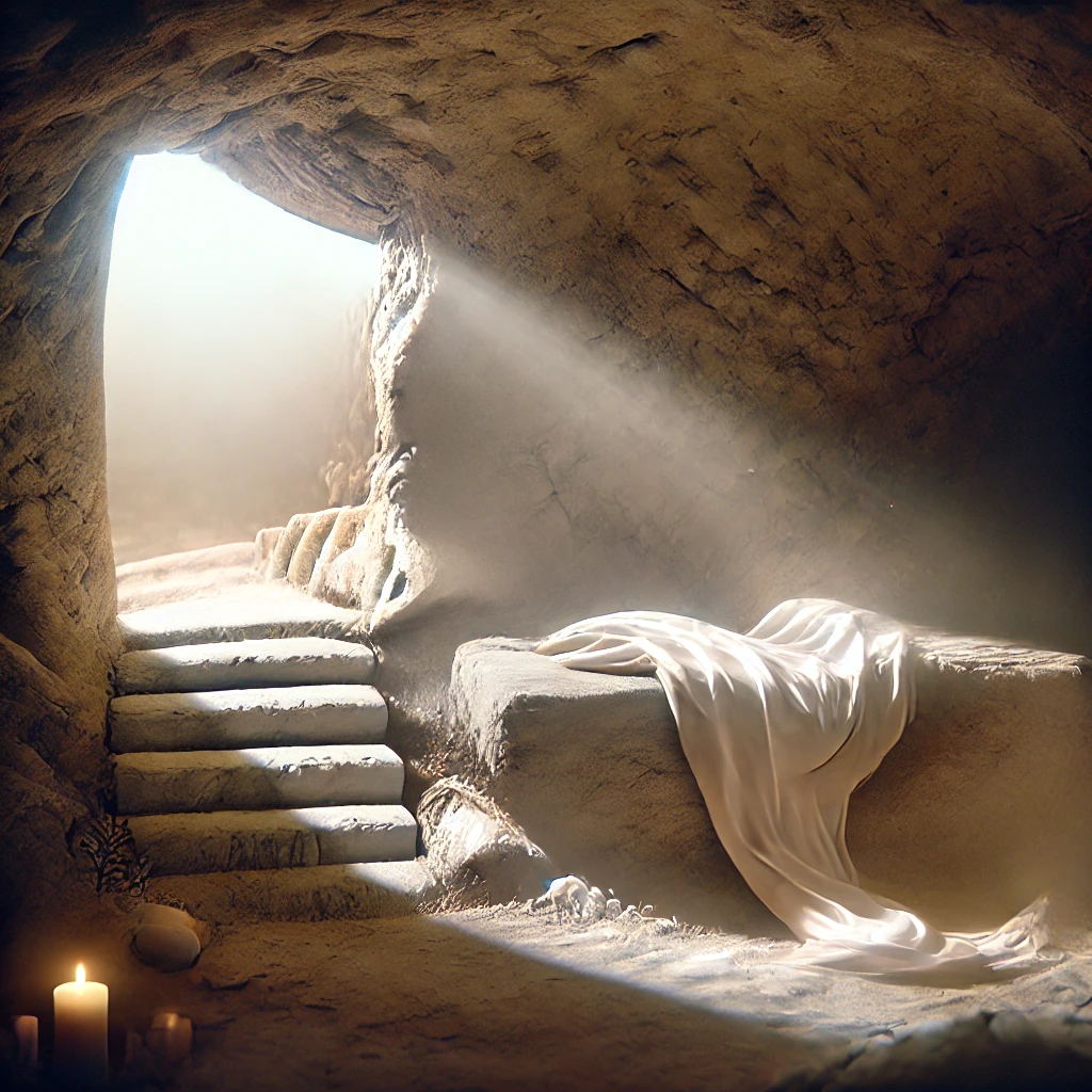 A realistic depiction of Jesus' empty tomb with burial cloths left behind and a neatly folded napkin on the stone slab, symbolizing John 20:7 and Jesus' promised return