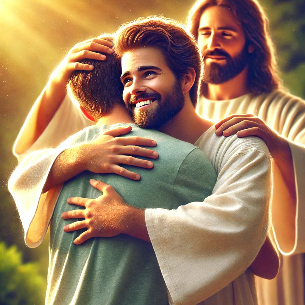 Two people hugging with Jesus standing behind them, joyfully guiding them, symbolizing forgiveness and unity in a serene outdoor setting with warm sunlight