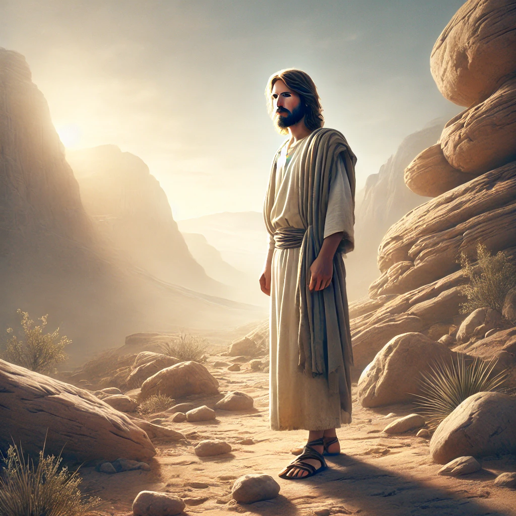 Jesus standing alone in a desert landscape, symbolizing strength and resilience during His time of temptation in the wilderness, with soft sunlight highlighting His figure.