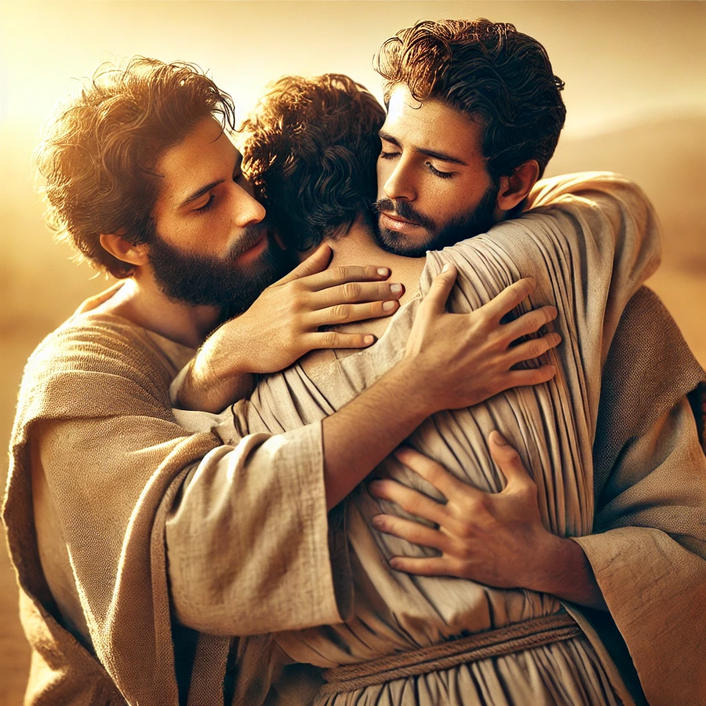 Joseph embracing his brothers in forgiveness, with visible emotions of relief, repentance, and reconciliation, symbolizing healing and unity in a desert setting
