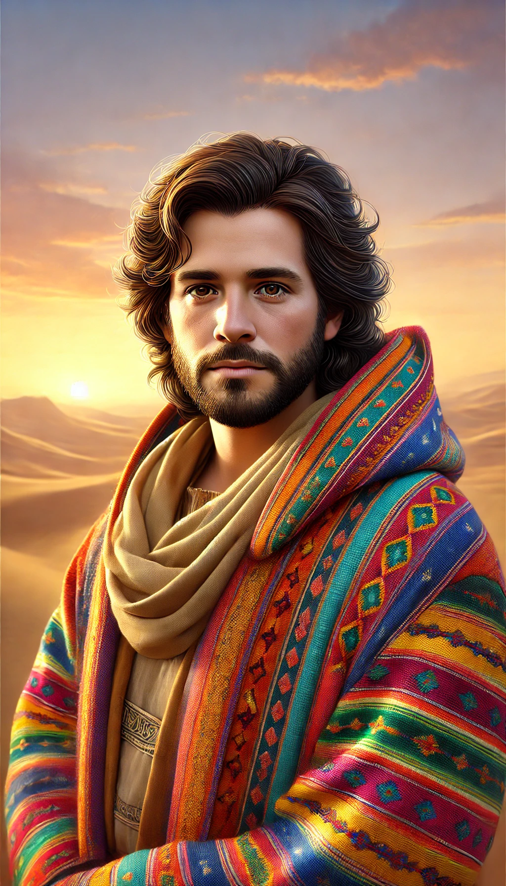 A portrait of Joseph wearing the Coat of Many Colors, symbolizing his favored status in the Bible, with a serene desert background and warm sunrise lighting. Joseph's faith