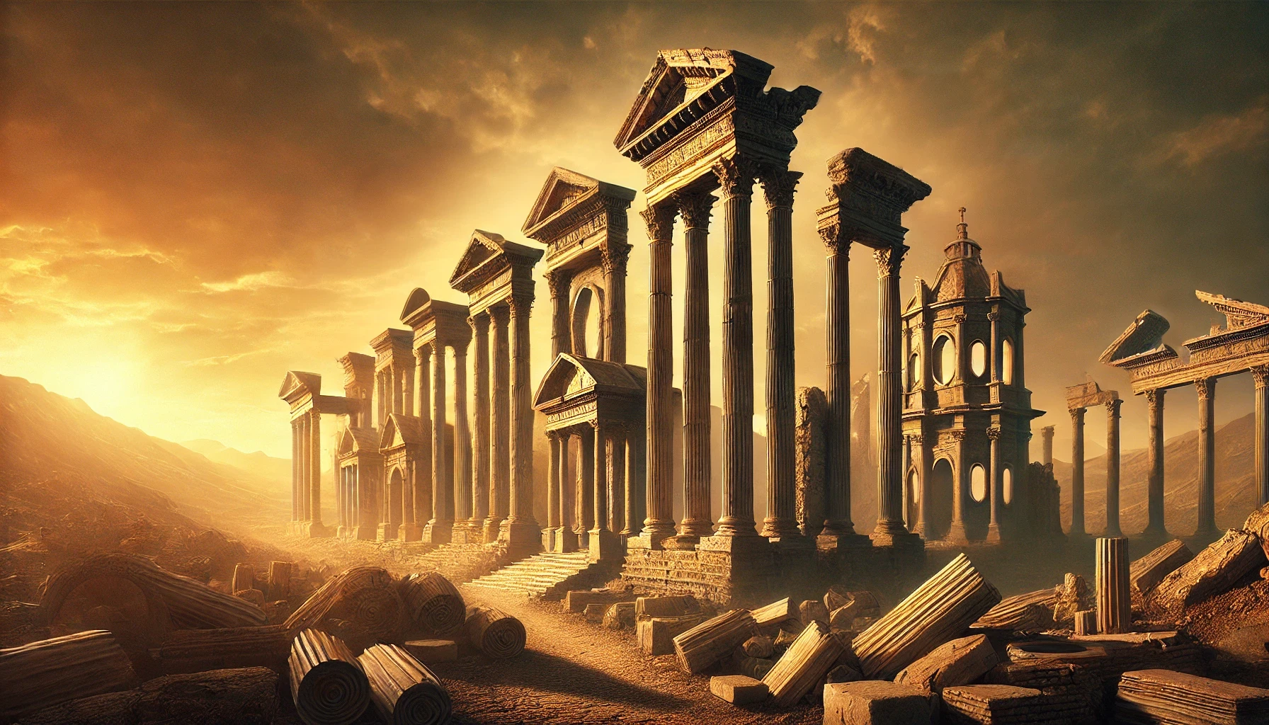 Ancient ruins symbolizing the seven churches of Revelation, featuring grand stone columns, weathered temples, and scattered ruins under a dramatic golden sky, evoking biblical history and mystery.