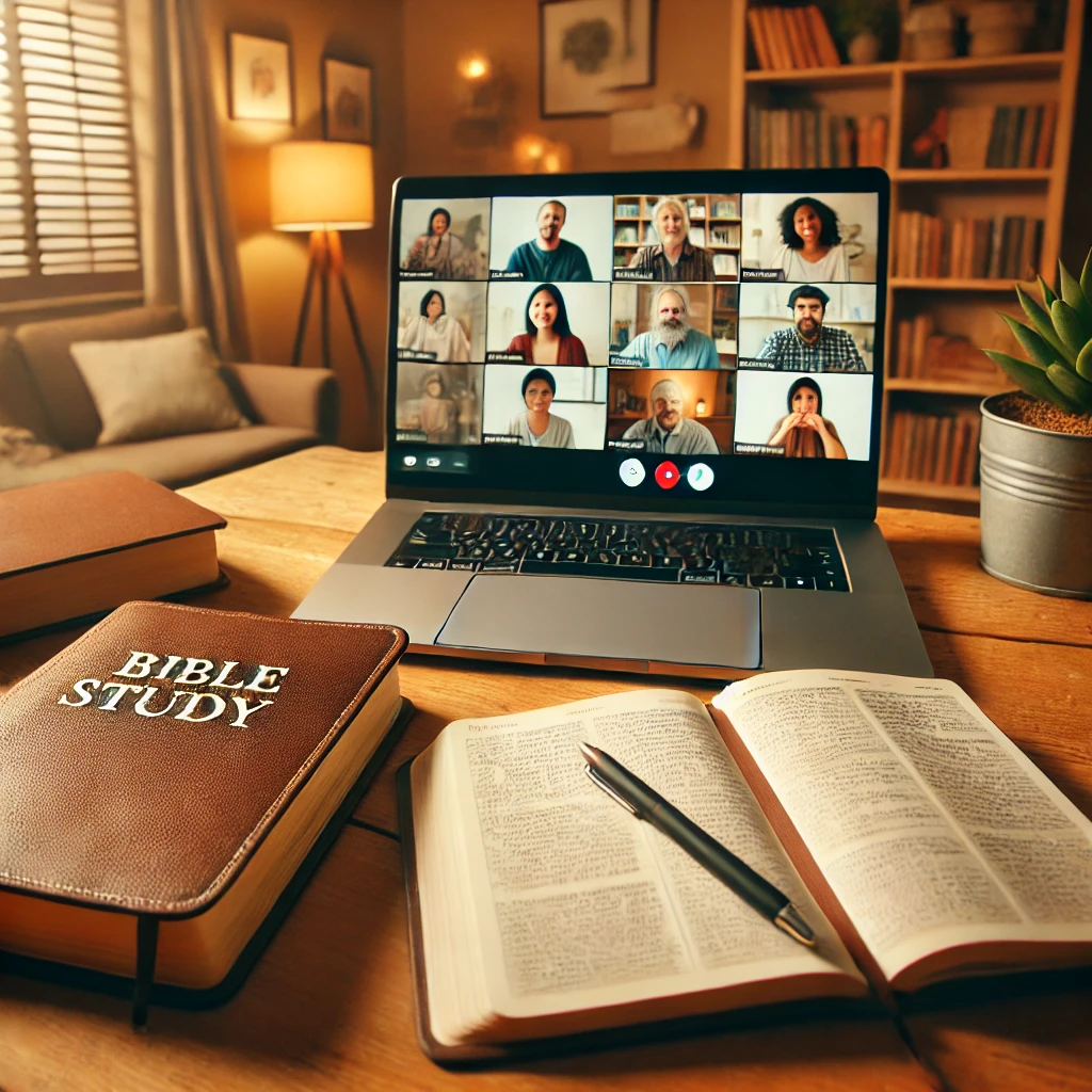 A cozy scene of a Bible study setup featuring a laptop with a video call screen of diverse participants, an open Bible, notebook, and pen on a table. The warm ambiance includes soft lighting, a bookshelf, and a plant, symbolizing both in-person and online Bible study formats.