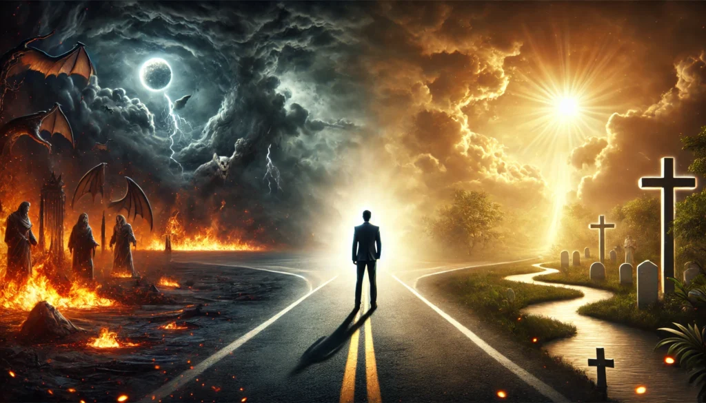 A person standing at a crossroads between two contrasting realities—one of judgment with storm clouds and fire, and one of salvation with golden light and peace, symbolizing the end times decision.