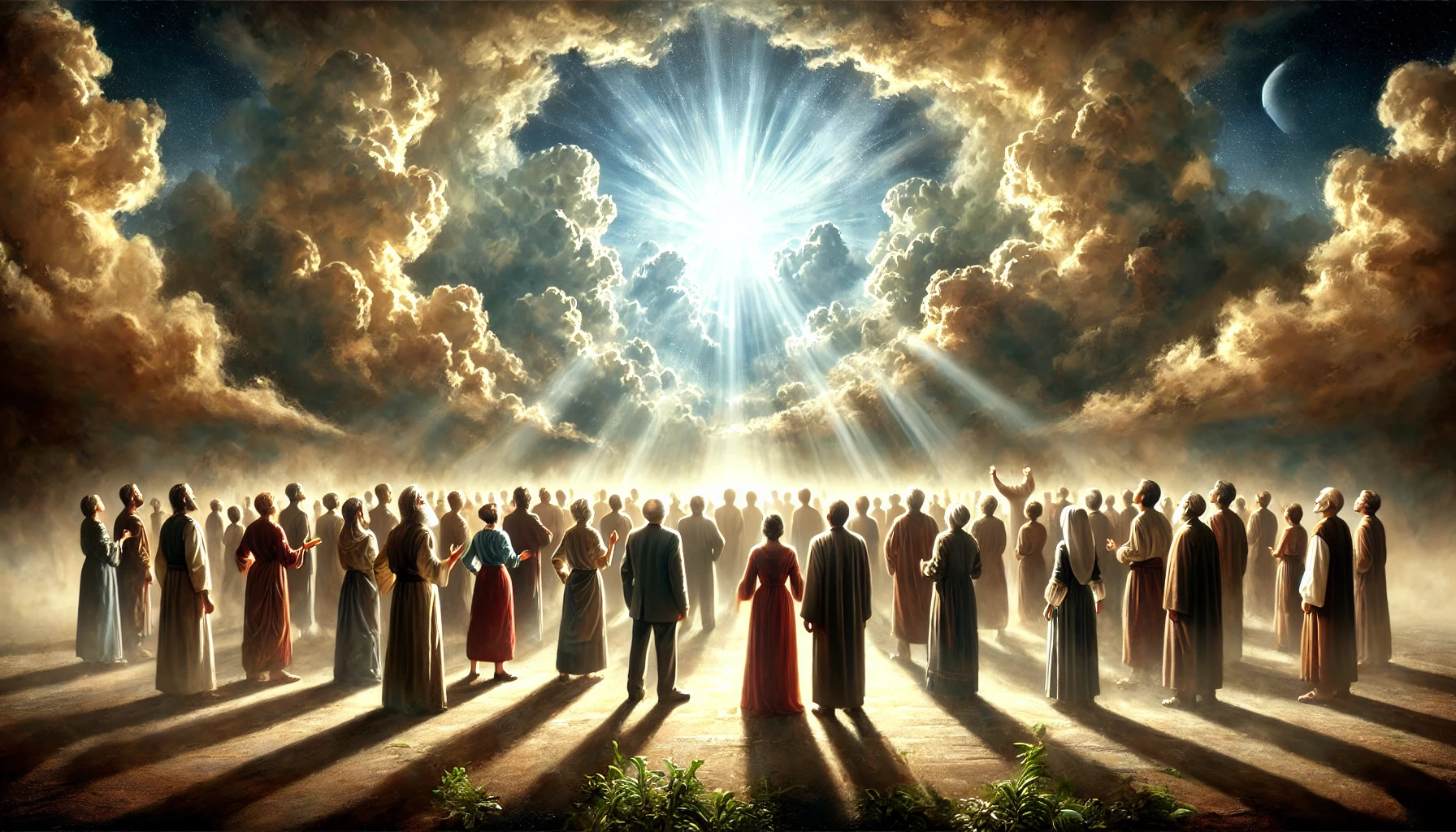 A group of people standing in awe, gazing up at a miraculous event in the sky, illuminated by divine radiant light breaking through dramatic clouds, symbolizing the anticipation of the end times.
