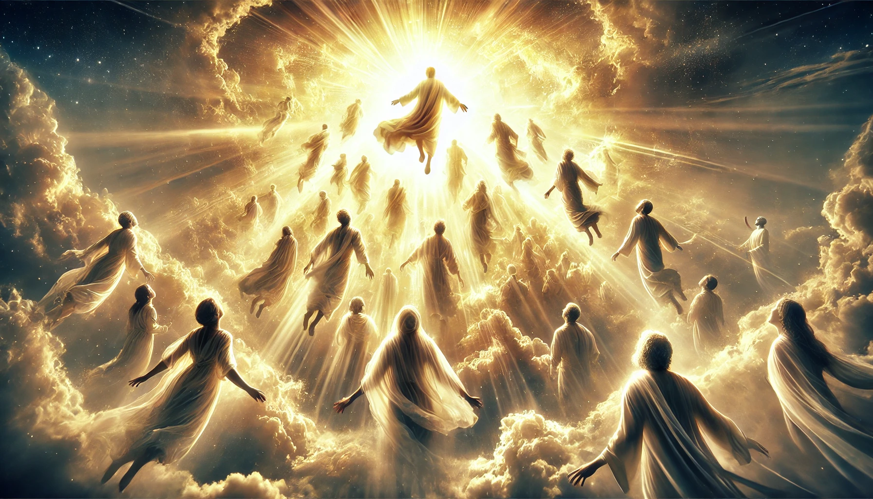 A dramatic depiction of people being lifted into the sky, ascending into radiant heavenly light, surrounded by glowing clouds, symbolizing the rapture and biblical prophecy