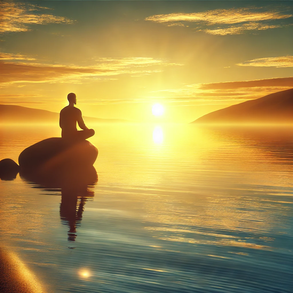 A serene image of a person sitting by calm waters during a warm sunrise, symbolizing peace, renewal, and finding hope amidst suffering.