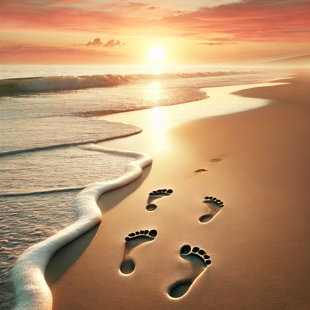 ootprints on a sandy beach at sunset, symbolizing a spiritual journey and the idea of "Footprints in the Sand," with gentle waves and a warm, reflective atmosphere.