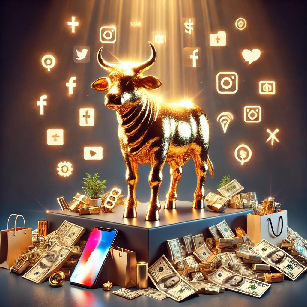 A glowing golden calf surrounded by piles of money, social media icons, and luxury items, symbolizing modern idolatry and misplaced priorities in life.