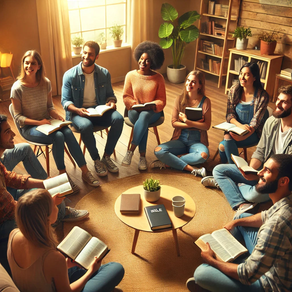 A diverse group of people sitting in a circle in a cozy, well-lit room, holding Bibles and notebooks, engaging in a friendly Bible study discussion. The scene symbolizes fellowship, shared learning, and a sense of community.