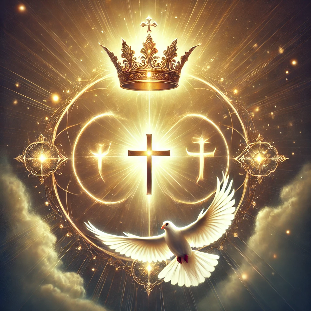 An artistic depiction of the Holy Trinity arranged in a triangle. At the top is a radiant crown symbolizing God the Father, the bottom left features a glowing cross representing Jesus Christ, and the bottom right displays a white dove in flight symbolizing the Holy Spirit. The three symbols are connected by golden light beams, set against a serene background of heavenly clouds and warm light, emphasizing unity, divinity, and the sacred mystery of the Trinity.
