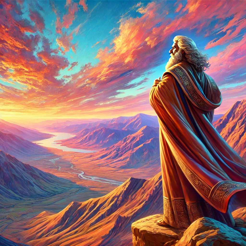 How Did Moses Die? A scenic view of Mount Nebo at sunrise with Moses standing on the mountaintop, reflecting on his final moments.