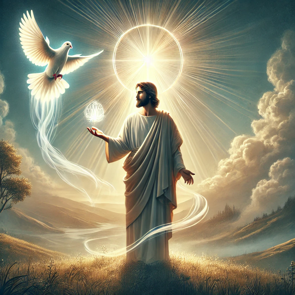 A symbolic biblical scene of Jesus at age 30, with a dove descending as the Holy Spirit and radiant light from above representing the presence of God the Father, signifying the Holy Trinity.