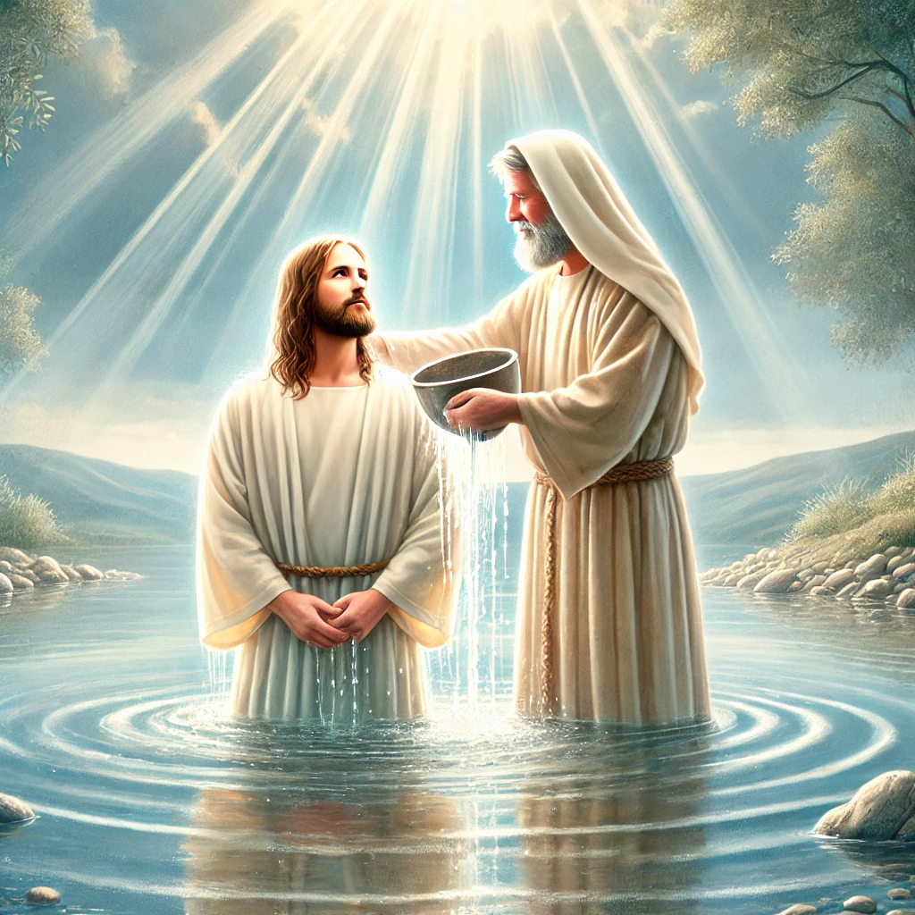 A serene biblical scene depicting Jesus being baptized by John the Baptist in the Jordan River, with soft rays of light symbolizing divine presence.