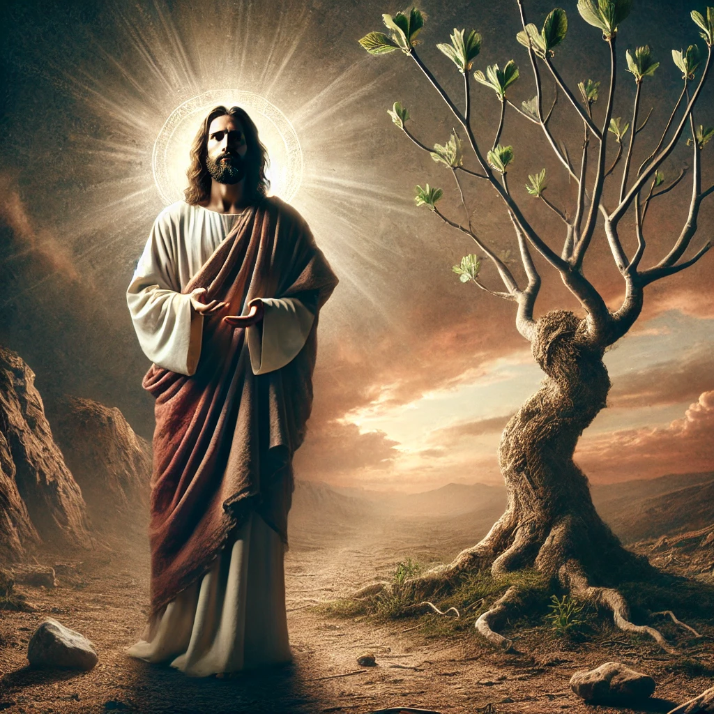 A biblical scene depicting Jesus cursing a barren fig tree, with Jesus standing near the tree under a dramatic sky, symbolizing a profound spiritual moment.