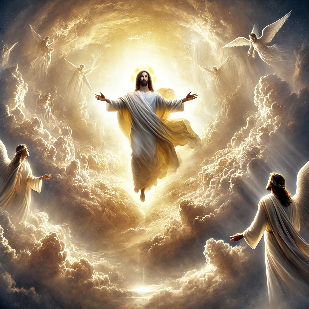 Jesus Christ descending from the heavens in Revelation, surrounded by dramatic clouds and a radiant golden light. He is depicted in flowing white robes with arms open, symbolizing love, hope, and divine presence.