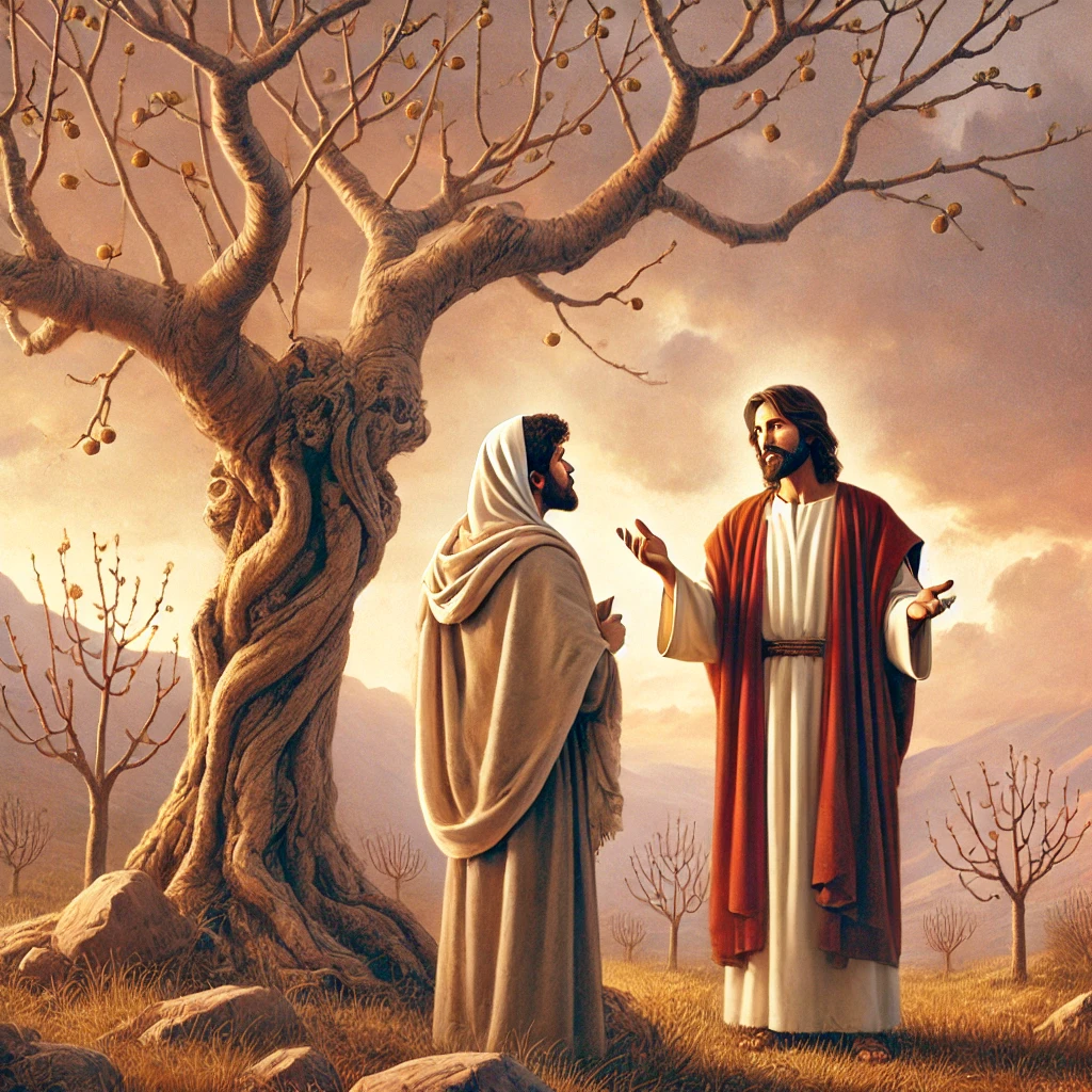 A biblical scene showing Jesus standing under a barren fig tree, speaking to it with a calm and authoritative expression, set in a serene landscape.