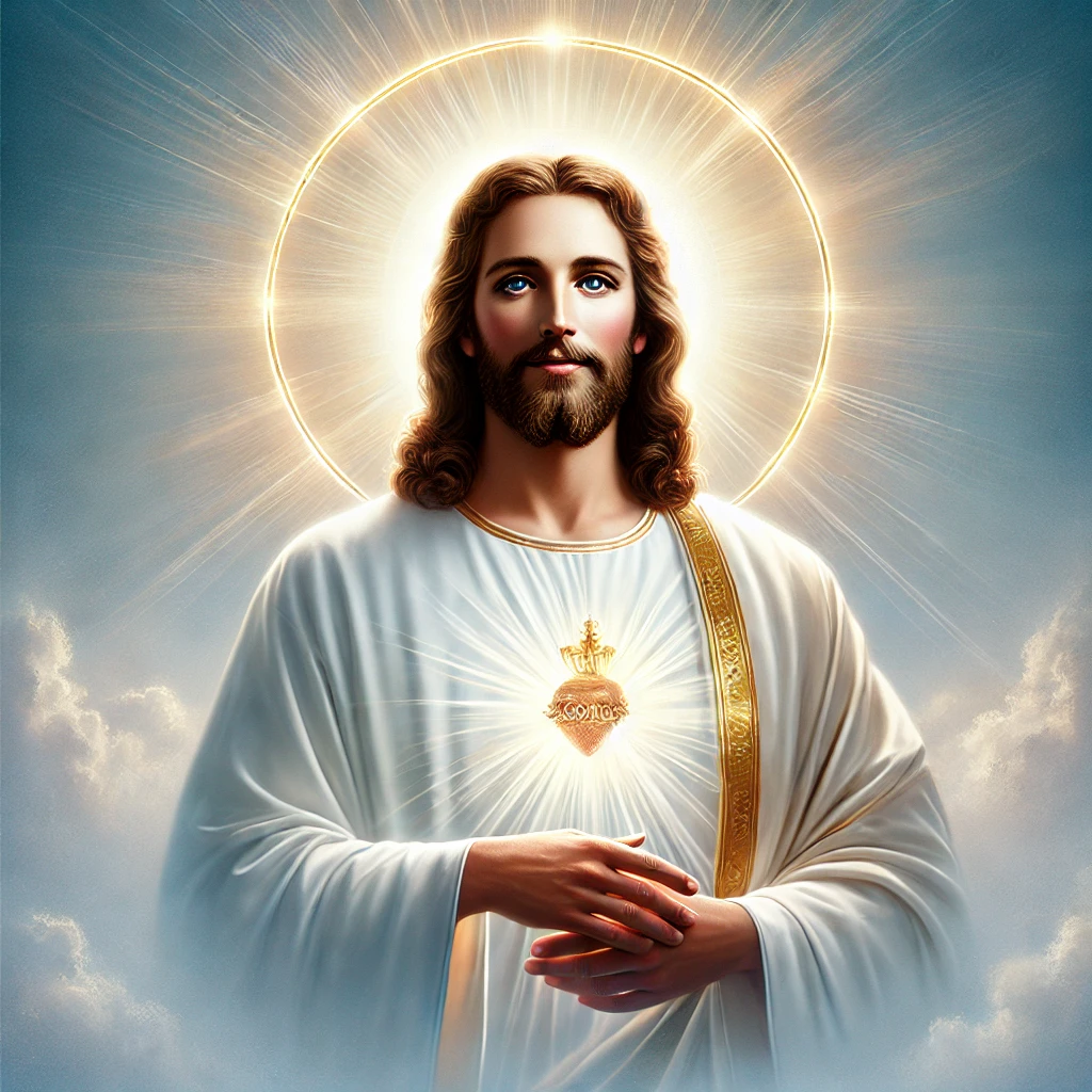 A radiant depiction of Jesus as the Son of God, wearing a white robe with a golden sash. He is surrounded by a glowing halo of light, symbolizing His divinity and connection to God the Father. The background features soft clouds and rays of heavenly light, emphasizing His sacred nature and role within the Holy Trinity.