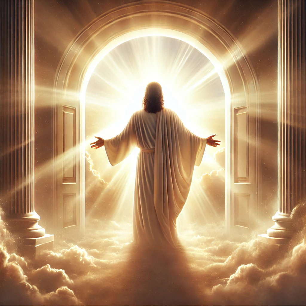 Jesus with outstretched arms at heaven’s entrance, representing His promise to welcome His followers into eternal life.