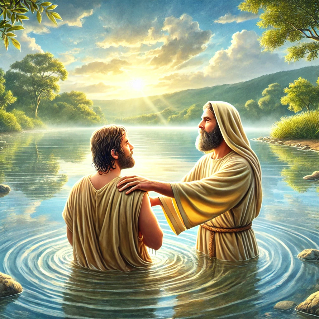 John the Baptist baptizing a man in the River Jordan, surrounded by calm waters, lush greenery, and a bright sky, symbolizing a sacred and spiritual moment.