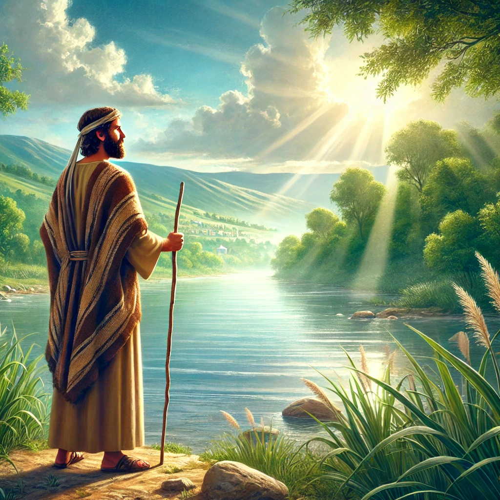 John the Baptist standing near the Jordan River, dressed in camel hair clothing, holding a staff, with a serene river and lush greenery in the background under a bright sky. A peaceful and spiritual scene perfect for illustrating his role in preparing the way for Jesus.