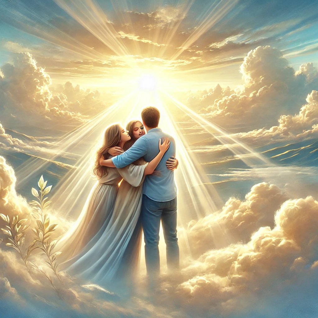  A warm reunion of loved ones in a serene heavenly setting, symbolizing the joy of reuniting in heaven.
