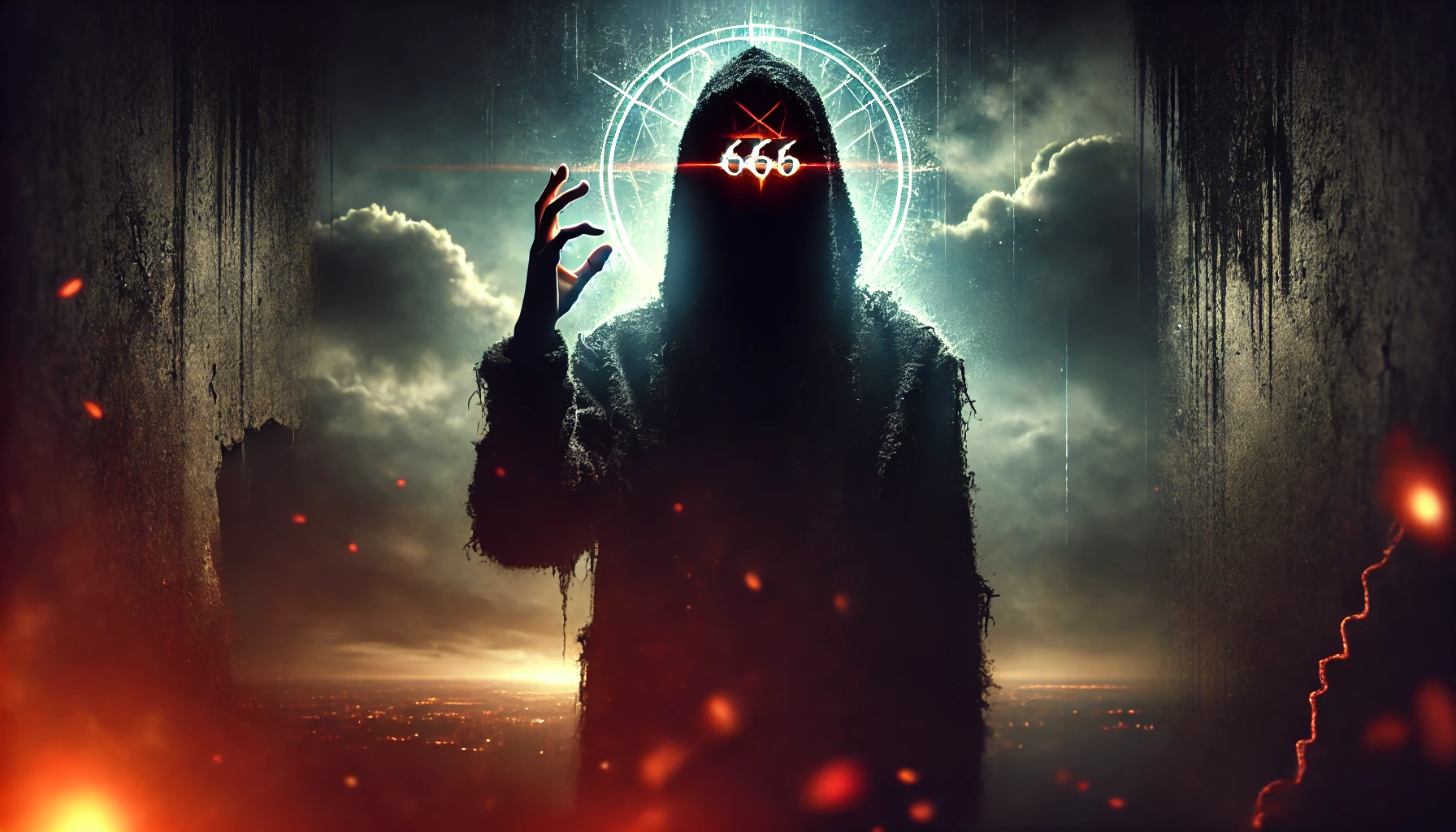 A mysterious shadowed figure in a dark, apocalyptic setting with a glowing '666' mark on their forehead or hand, surrounded by an eerie atmosphere symbolizing biblical prophecy and end-times imagery of the Mark of the Beast