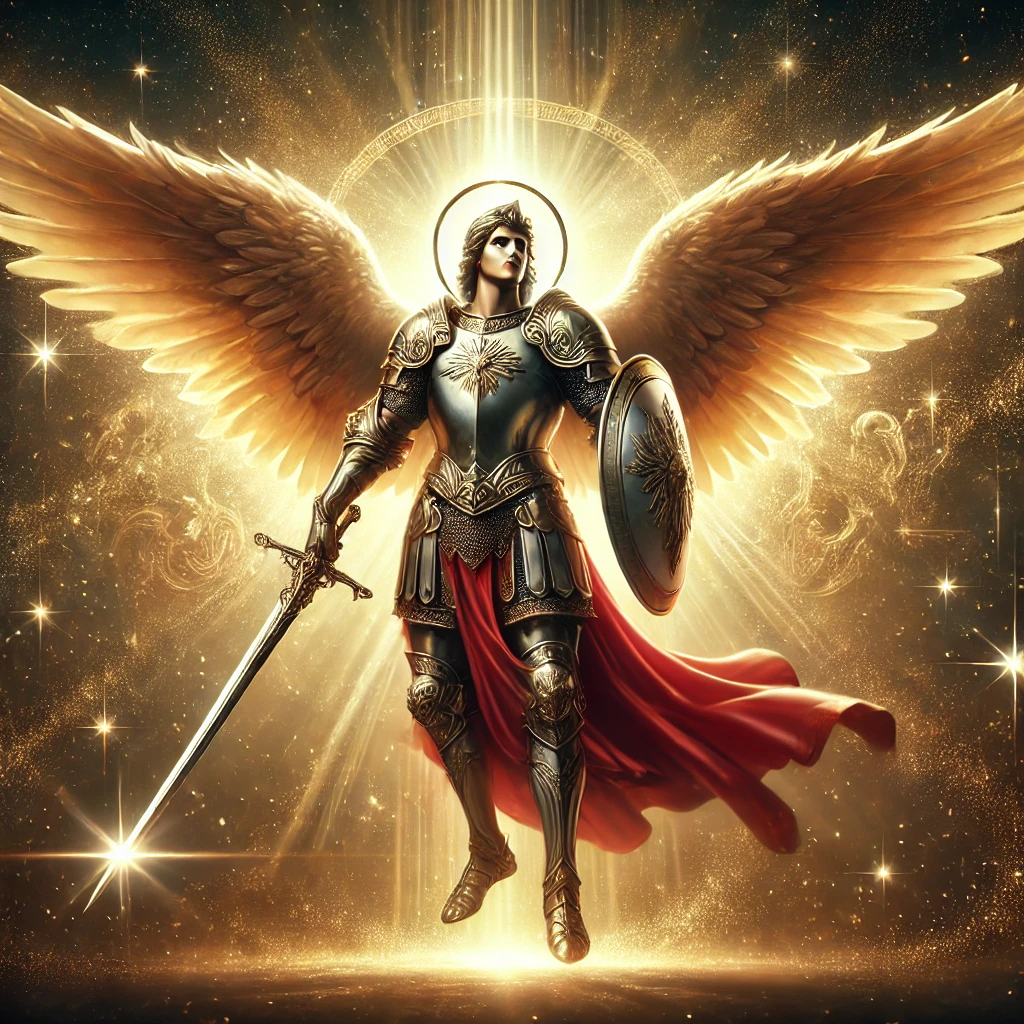 A majestic depiction of Michael the Archangel wearing shining armor, holding a sword and shield, with radiant wings and a celestial background.