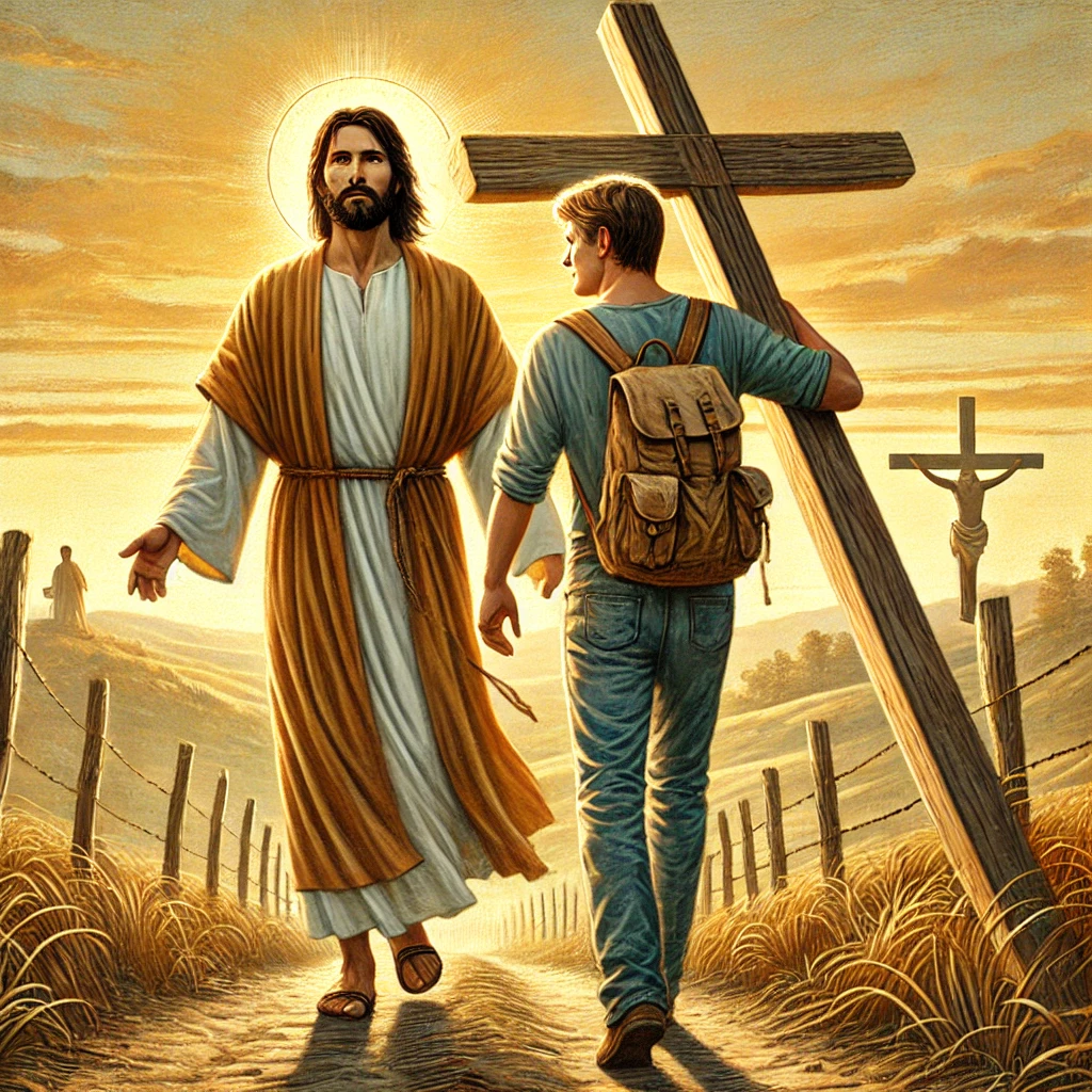A painting-style image of a modern person carrying a wooden cross and walking behind Jesus in a peaceful countryside setting. Jesus, dressed in a simple robe, leads the way during a golden sunset, symbolizing faith, discipleship, and the call to follow Him in daily life.